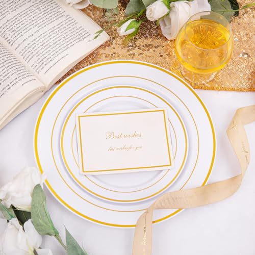 I00000 200 Pcs Gold Plastic Plates, Premium Disposable Gold Plates | Gold Rimmed Plastic Plates, BPA Free, Perfect for Wedding, Birthday, Holidays, Party, 100 Dinner & 100 Dessert Plates