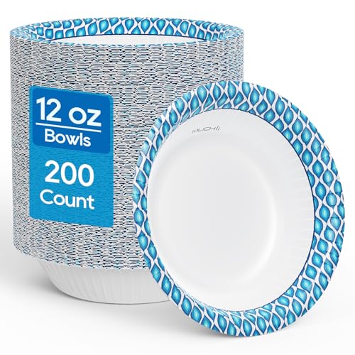 MUCHII 12 oz Paper Bowls, 200 Count Printed Disposable Small Bowls Bulk | Blue,Small Soup Bowls,Soak Proof,Small Bowls,Dessert,Salad,Breakfast,Lunch,Dinner Meals,School Cafeteria
