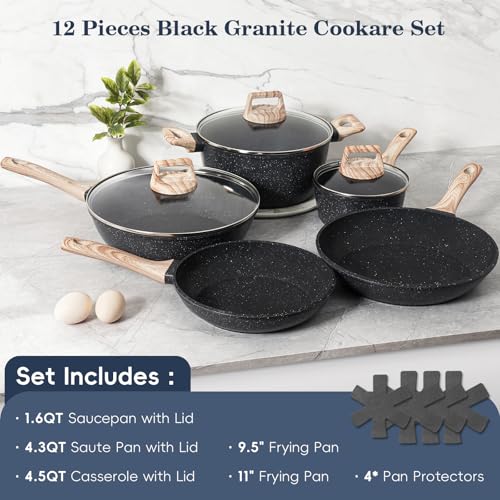 SODAY Pots and Pans Set Non Stick, 12Pcs Black Granite Induction Cookware