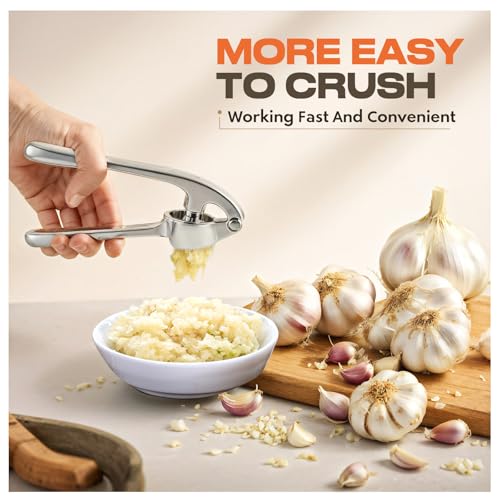Kitchen Garlic Press, Rust Proof & Dishwasher Safe Garlic Mincer, Durable Garlic Crusher Set with Peeler＆Brush, Easy to Clean and Squeeze, Matte