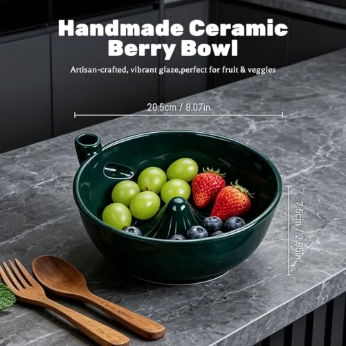 Ceramic Berry Washing Bowl with Auto-Spin Swirl Drainage | Self-Rinsing Fruit Bowl, Multi-Functional Berry Colander for Strawberries, Blueberries, and Grapes
