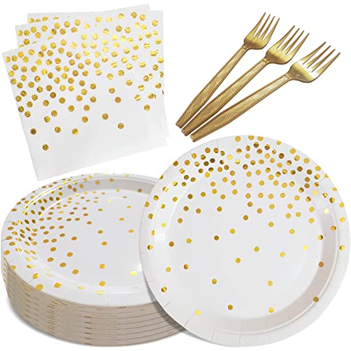 WXLDGHQ White and Gold Paper Plates Napkins Party Supplies | Disposable Gold Dot Paper Dessert Plates,105 PCS Birthday Plates and Napkins Party Supplies for Wedding(Serves 35 Guests 7")