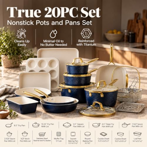 GOTHAM STEEL HAMMERED 20 Pc Titanium Ceramic Cookware Set, Diamond Infused