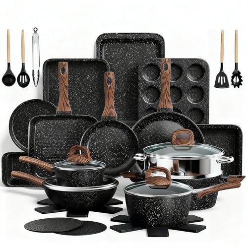 Pots and Pans Set Non Stick, 31 Piece Kitchen Induction Cookware & Bakeware Set, Nonstick Kitchen Cooking Pans Set with Frying Pans Set Grill Pan Saucepan Baking Sheet & Utensils, PFOA Free