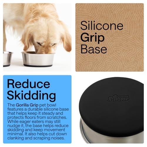 GORILLA GRIP Dog Bowl Set, Food Grade 304 Stainless Steel, 2 Cup, Black | Dishwasher Safe Stainless Steel Pet Feeding Bowls Hold 16 fl oz Each, Durable Silicone Grip Base