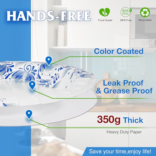 Charmount Paper Plates Bulk 8.5 Inch, 150pcs Disposable Blue Paper Plates | for Parties and Daily Use, Soak Proof, Cut Proof, Flower Printed