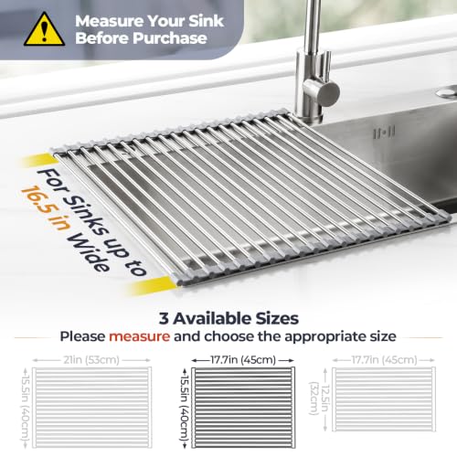 Tomorotec Roll Up Dish Drying Rack Over Sink, 304 Steel, 17.7x15.5, Grey | Anti-Slip Silicone Rims For Grip, Heat-Resistant Trivet Mat Holding Heavy Cookware, Rustproof Kitchen Counter Space Saver