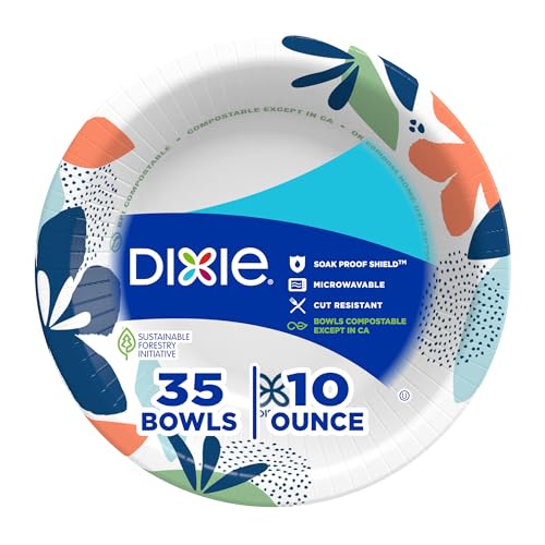 Dixie Disposable Paper Bowls 10oz, 35 CT | Microwave Safe and Cut-Resistant, Soak-Proof Shield Prevents Leaks, Kosher Certified, Compostable Except in California.