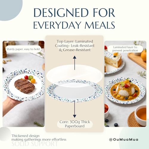 OuMuaMua 8.5 Inch Paper Plates, 300 Count Disposable Paper Plates | Soak Proof & Cut Resistant, Microwave Safe, Bulk Plates for Everyday Meals, Lunch & Family Use