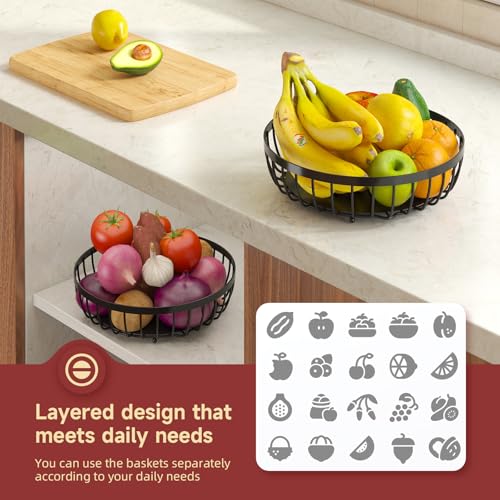 Sevenblue 2 Tier Large Fruit Bowl for Kitchen Counter with 2 Banana Hangers | Sturdy Metal Basket for Fruit, Bread & Onions, Modern Wire Fits Various Styles, Includes Food-Safe Mats to Keep Produce Fresh