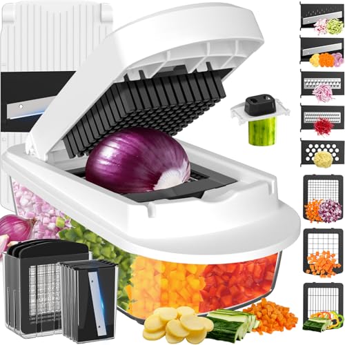 8-Blade Cook Tool & Gadget Sets, Egg Slicer Chopper Grater Set, White | Egg Slicer Vegetable Chopper Mandoline Food Grater with Container for Onion, Veggie Salad