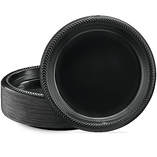 PLASTICPRO 100 PCS Black Plastic Plates Light Weight 9 Inch Plastic Dinner Plates Black Plates Disposable for Party and Wedding