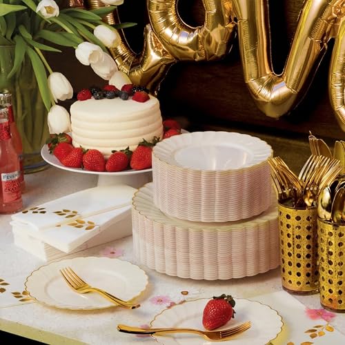 By Madee HEAVYWEIGHT Ivory Gold Scalloped Plastic Plates for Wedding 60 Pc | 30% Heavier • Heavy Duty Thanksgiving Plates • 30 Dinner & 30 Dessert • Friendsgiving Plates • Host Beautifully This Fall