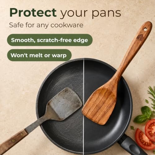 Wooden Spoons for Cooking – 10 Pcs Non Toxic Teak Kitchen Utensils Set | Includes spatula, turner, ladle, skimmer, pasta server & salad fork; heat resistant, nonstick safe, easy to clean