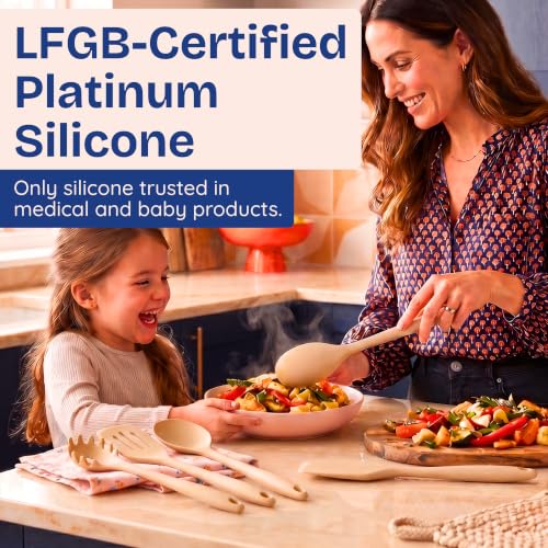 NonToxic Platinum Silicone Utensils, 100% Plastic-Free, 8-Pcs, Beige | LFGB-certified platinum silicone. Solid steel core, no hidden plastics. 500°F heat resistant. Non-scratch. Dishwasher safe