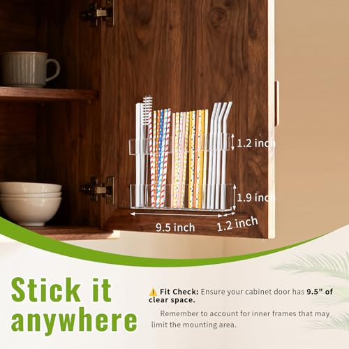 Mpotmiy 9.5" Large Acrylic Straw Holder for Cabinet Door, Straw Organizer | Transparent organizer with ultra-sticky adhesive, drainage holes and adjustable height for utensils and tumbler accessories.