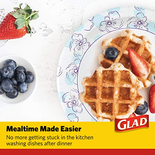 Glad Round Paper Plates, Blue Flower Design, 10 Inch, 50 Count | Heavy-duty, soak-proof, cut-resistant plates for meals, parties, picnics, and events