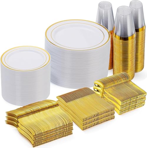 Goodluck 600 Pieces Gold Disposable Plastic Plates for 100 Guests | Include: Dinnerware Set of 100 Dinner and 100 Dessert Plates, 100 Spoons, 100 Forks, 100 Knives, 100 Cups Plates for Party