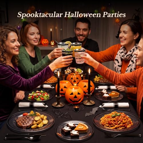 BESTSTAR 350 PCS Clear and Black Disposable Plastic Plate Set for 50 Guests | 100 Plastic Plates, 50 Plastic Cups, 50 Pre-Rolled Napkins with Cutlery for Halloween, Graduation Party, Birthday