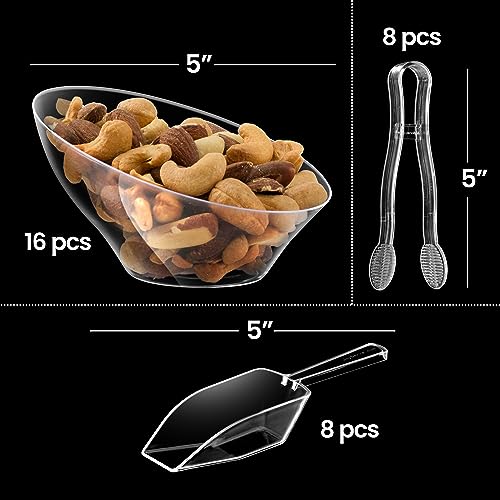 Clear Plastic Candy Bowls 6 oz (32 Pcs Set) - Candy Bar Container Display | Includes 16 Angled Bowls w/ 8 Scoops & 8 Tongs, Buffets, Ice Cream Sundae Dessert Supplies, Toppings & Party Serving Cups