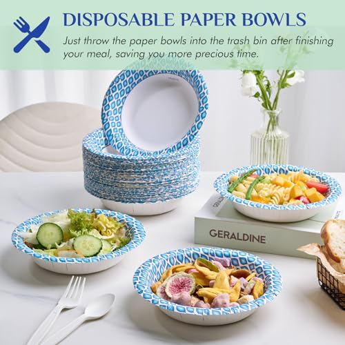 MUCHII 20 oz Paper Bowls, 180 Count Printed Disposable Large Bowls Bulk | Blue,Large Soup Bowls,Soak Proof,Big Bowls,Dessert,Salad,Breakfast,Lunch,Dinner Meals,School Cafeteria