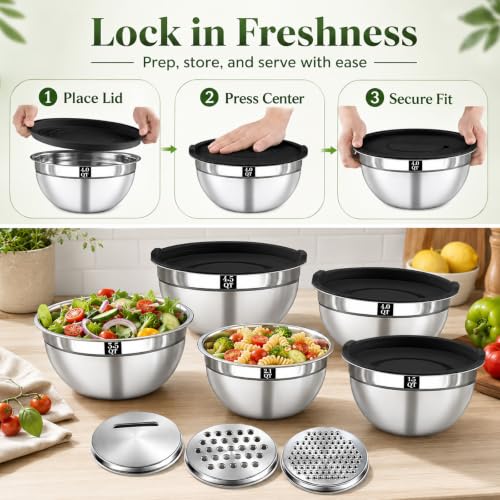 Boskermeal 8PCS Mixing Bowls with Lids Set - 5 Nesting Mixing Bowls, 3 Grater Attachments, Lids, Stainless Steel Mixing Bowls for Mixing & Serving, Size 1.5/2.1/3.5/4/4.5 QT, Black