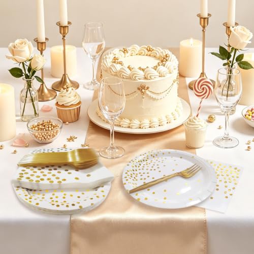 WXLDGHQ White and Gold Paper Plates Napkins Party Supplies | Disposable Gold Dot Paper Dessert Plates,105 PCS Birthday Plates and Napkins Party Supplies for Wedding(Serves 35 Guests 7")