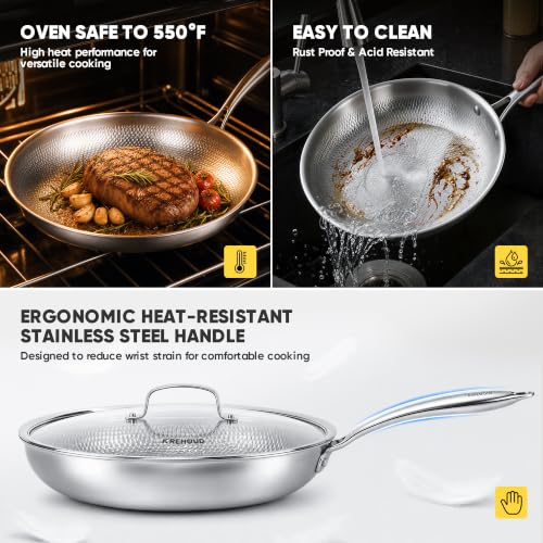 Okura Titanium Pans for Cooking, Titanium Cookware, 12" Frying Pan Hammered Design with Lid, Non-Toxic Pro Pan PFAS/PFOA/PTFE Free, Dishwasher&Oven Safe, Induction Compatible