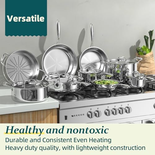 Umite Chef Stainless Steel Cookware Set, 5 Ply 14 Piece Stainless Steel Pot and Pan Set-Induction, Heavy Chef Quality, Oven Safe
