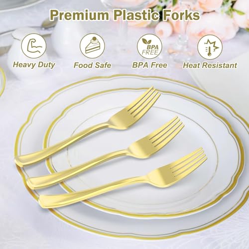 Dealusy 100 Count Heavy Duty Gold Plastic Forks Disposable | BPA-Free, Heat Resistant, Solid and Durable Premium Plastic Disposable Forks for Party Supply
