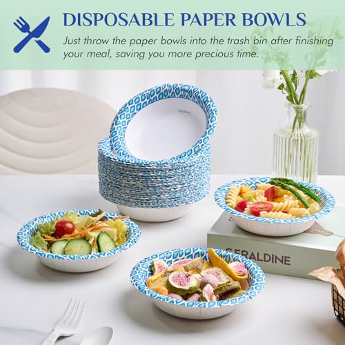 MUCHII 12 oz Paper Bowls, 200 Count Printed Disposable Small Bowls Bulk | Blue,Small Soup Bowls,Soak Proof,Small Bowls,Dessert,Salad,Breakfast,Lunch,Dinner Meals,School Cafeteria