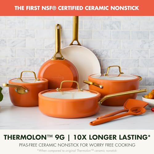 GreenPan Nonstick Reserve Pro 10 Piece Cookware Set, NSF Certified Ceramic, Hard Anodized PFAS-Free Pots & Pans Set with Lids, Stainless Steel Handles, Oven & Dishwasher Safe, Harvest Orange
