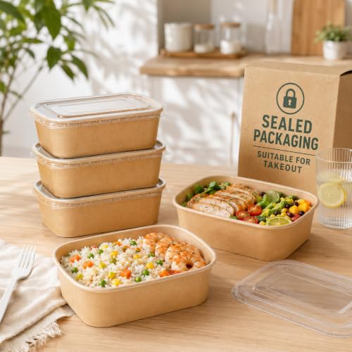 Holotap 50 Pack 29 OZ Brown Meal Prep Containers with Lids【with Spoons and Forks】, Disposable Kraft Paper Bowls, Microwave Safe for Hot/Cold Soup, Disposable Meal Prep Containers for Holiday Party