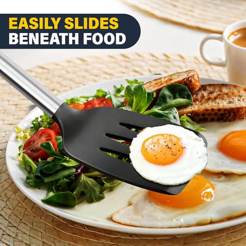 2 Pack Silicone Spatula Set, Solid & Slotted Turner for Non-Stick Pans | Dishwasher Safe, BPA-Free Silicone Cooking Utensils for Fish, Eggs, Pancakes, High Heat Resistant, Black