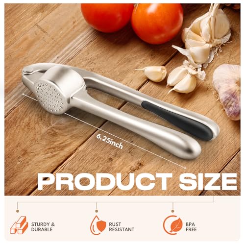 Kitchen Garlic Press, Rust Proof & Dishwasher Safe Garlic Mincer, Durable Garlic Crusher Set with Peeler＆Brush, Easy to Clean and Squeeze, Matte