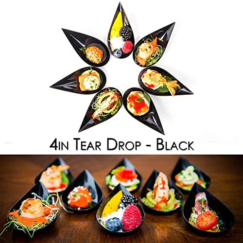 DLux 100 4-in Tear Drop Mini Appetizer Plates, Black | Reusable Plastic Spoons, Desserts & Appetizers Dishes Serving Plate, Asian Set Small Catering Tasting Cups with Recipe Ebook