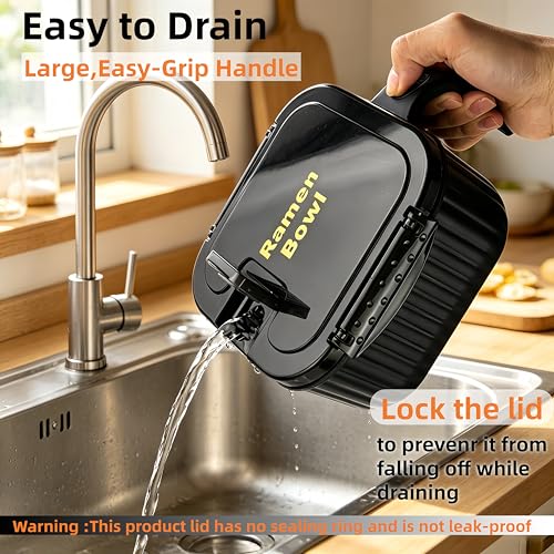 Ramen Bowl Set,Ramen Noodle Bowls for Large Square or Round Noodle Microwavable 45 oz, Ramen Cooker, Microwave Pasta Cooker, Food Container Microwave Gift for College Male Female Dorm Room(black)