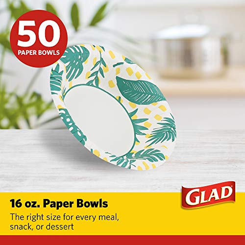 Glad Round Disposable Paper Bowls, Palm Leaves Pattern, 16 Oz, 50 Count | Coated paper, soak-proof and cut-resistant, microwave safe, soup salad and snacks