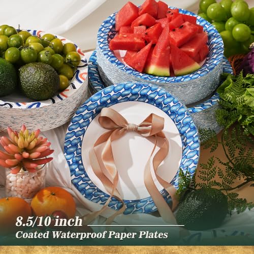 Pulvoro Paper Plates 8.5 Inch 300 Count Disposable Printed Plates | Cut Resistant, Soak Proof, Heavy Duty Printed Paper Plates, for Camping, Parties, Family Gathering and Daily Use