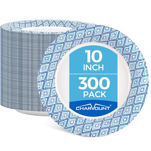 Charmount 10 Inch Disposable Blue Paper Plates - 300 Count | Soak Proof, Cut Proof Heavy Duty Dinner Plates for Party, Picnic, Family Gatherings, Everyday Use