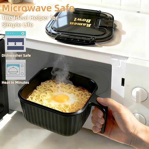 Ramen Bowl Set,Ramen Noodle Bowls for Large Square or Round Noodle Microwavable 45 oz, Ramen Cooker, Microwave Pasta Cooker, Food Container Microwave Gift for College Male Female Dorm Room(black)