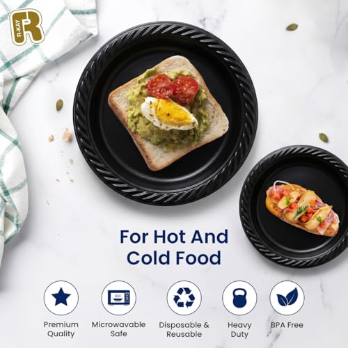 R-kay 100 Pack 6 Inch Black Plastic Plates Disposable - Heavy Duty Black Dessert Plates Disposable - Microwavable Small Disposable Plastic Plates