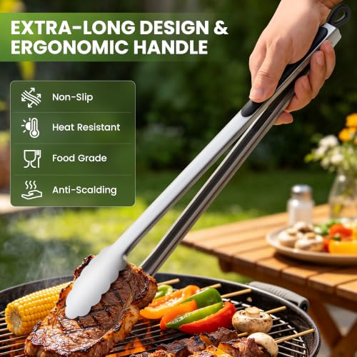 Grill Tongs, 17 Inch Extra Long Stainless Steel BBQ Tongs (17", 1PC) | UP to 600 °F | For Cooking/Serving/Grilling | Heat-Resistant | Dishwasher Safe