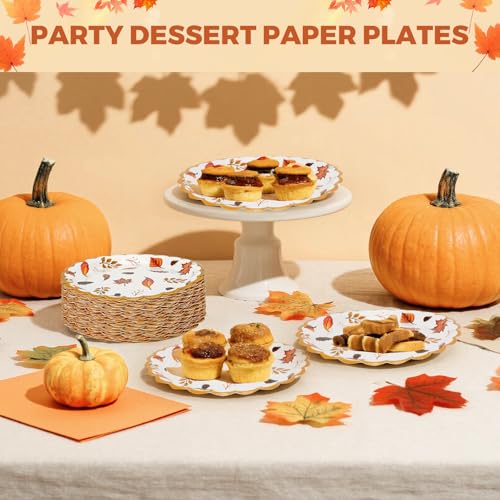 Cangmyxis 7 Inch Fall Thanksgiving Paper Plates Disposable 40 PCS Scalloped Heavy Duty Disposable Dessert Plates Maple Leaf Autumn Harvest Theme Thanksgiving Party Decorations
