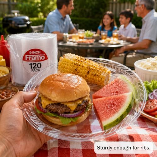Framo 9 Inch Clear Plastic Dinner Plates 120 Pack, Heavy Duty Disposable | Look Like Real Dinnerware, Thick Rigid Food-Safe Plastic Holds Brisket, Lasagna And Baked Potatoes Without Bending