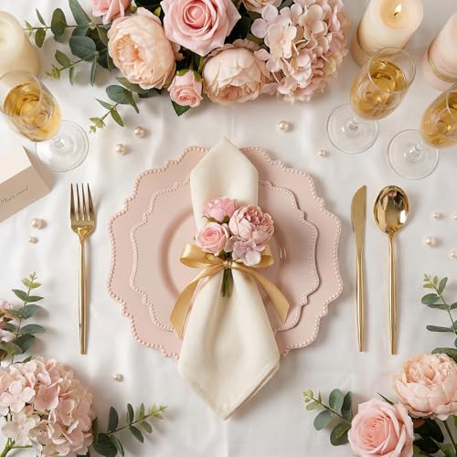 COLOSUS 60 PCS Pink Disposable Plastic Plates, Fancy Beaded Party Plates. | Pink Plastic Plates, Hard Scalloped Plates Include 10" Dinner Plates & 7.5" Dessert plates for Party, Birthday & Wedding.