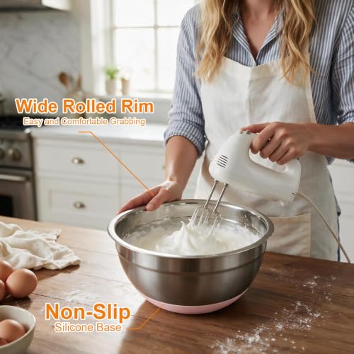 Idymere 5PCS Stainless Steel Mixing Bowls Set With Non-Slip Silicone Base | 1.5/2/2.5/3.4/5.3Qt, Nesting Space Saving, Dishwasher Safe, Metal Prep Bowl For Mixing Baking, Serving, Kitchen Food Storage