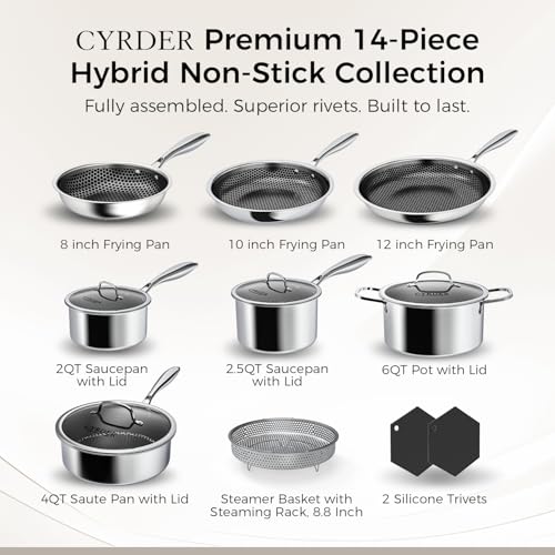 14pc Cookware Set, CYRDER Premium Hybrid Ceramic Nonstick Pots and Pans Set
