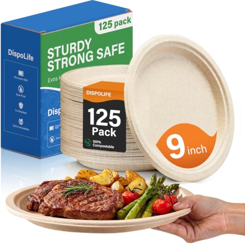 Compostable Paper Plates: 9 Inch 125 Pack Heavy Duty Disposable Plates | Soak & Cut Proof, Bagasse Biodegradable Eco-Friendly Sugarcane Dinner Plates for Daily Party, Natural Brown