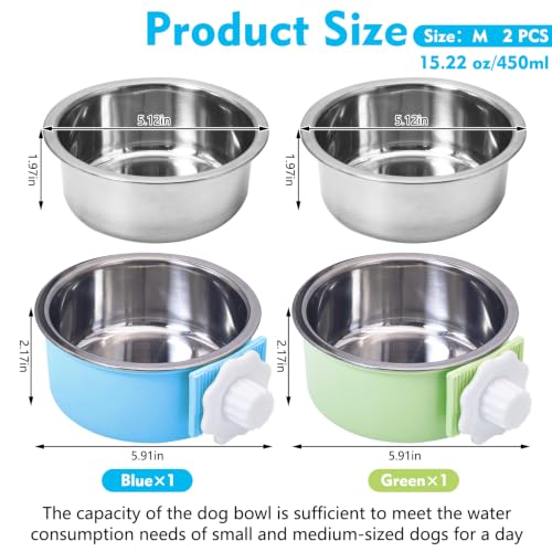 kathson Crate Dog Bowl, Removable Stainless Steel Hanging Pet Kennel Cage Bowl Food & Water Feeder Coop Cup for Puppy, Cat, Rabbit, Guinea Pigs Ferret Bird (2 PCS, Size: M, Blue and Green)